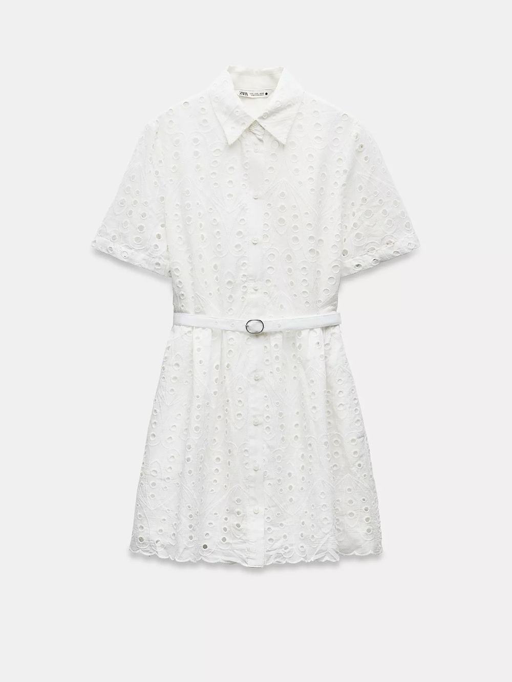 Zara White Eyelet Shirt Mini Dress with Belt